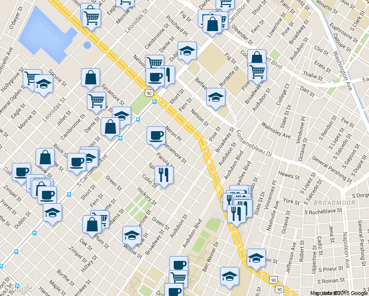 map of restaurants, bars, coffee shops, grocery stores, and more near 2215 Adams Street in New Orleans