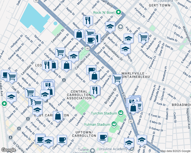 map of restaurants, bars, coffee shops, grocery stores, and more near 2121 Burdette Street in New Orleans