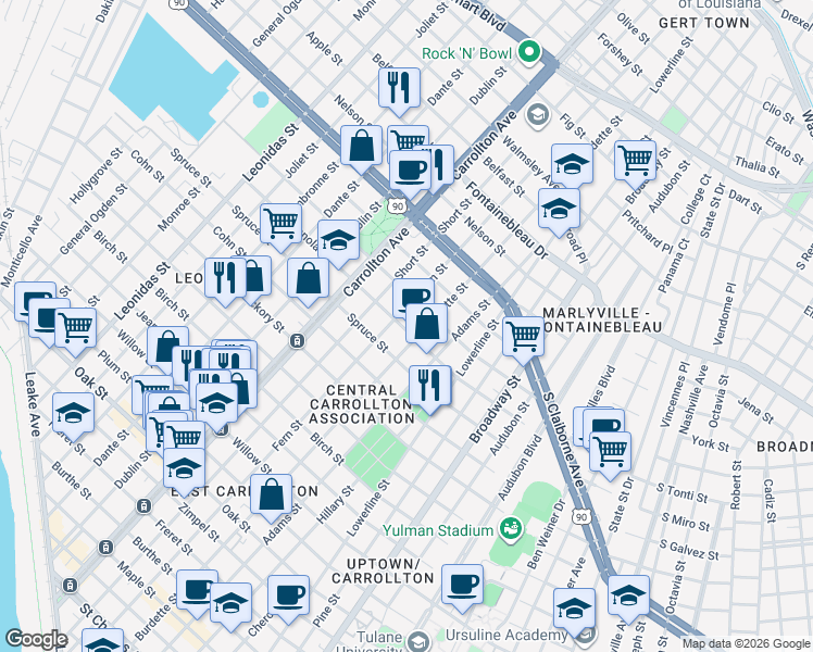 map of restaurants, bars, coffee shops, grocery stores, and more near 2029 Fern Street in New Orleans