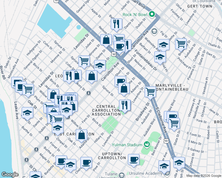 map of restaurants, bars, coffee shops, grocery stores, and more near 2029 Fern Street in New Orleans