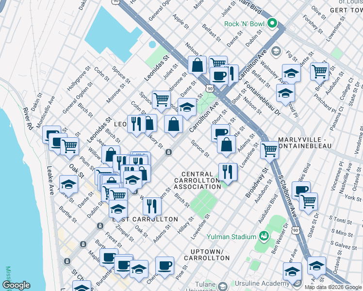 map of restaurants, bars, coffee shops, grocery stores, and more near 1831 South Carrollton Avenue in New Orleans