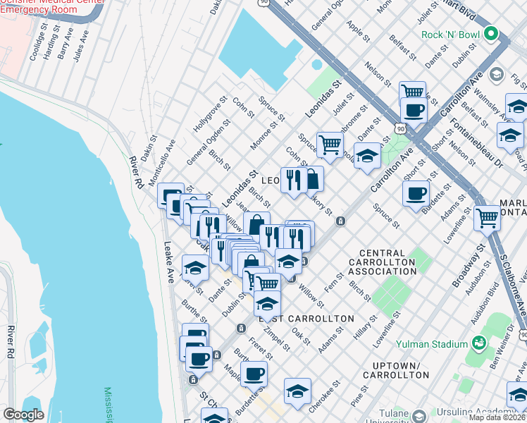map of restaurants, bars, coffee shops, grocery stores, and more near 8425 Jeannette Street in New Orleans