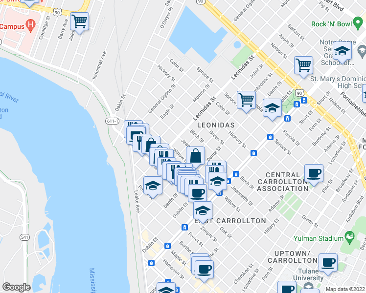map of restaurants, bars, coffee shops, grocery stores, and more near 8525 Willow Street in New Orleans
