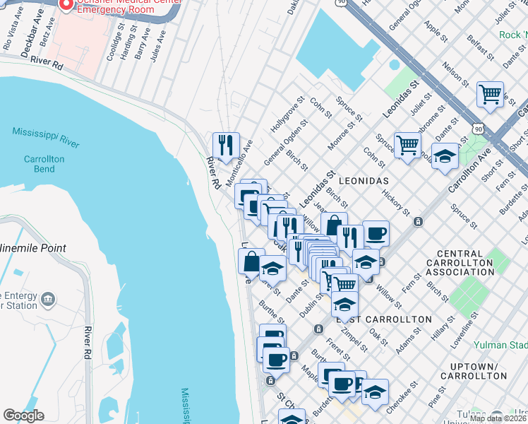 map of restaurants, bars, coffee shops, grocery stores, and more near 8721 Oak Street in New Orleans