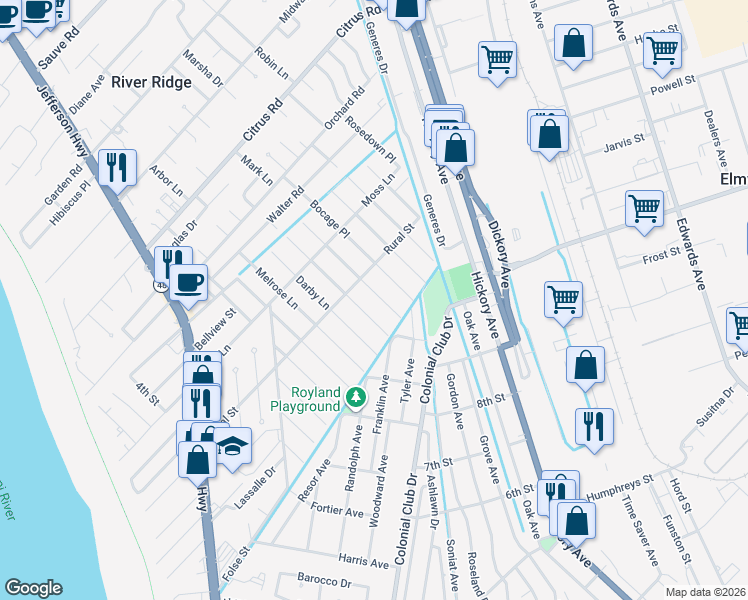 map of restaurants, bars, coffee shops, grocery stores, and more near 8713 Tanglewild Place in River Ridge