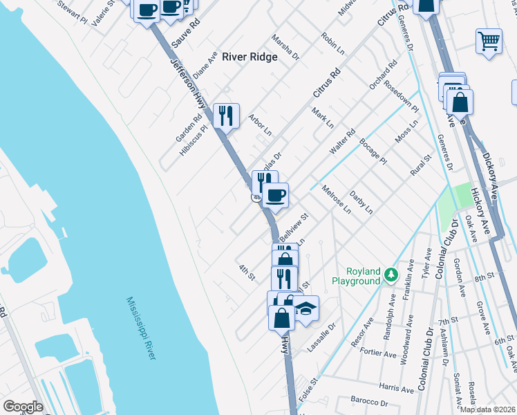 map of restaurants, bars, coffee shops, grocery stores, and more near 9301 Jefferson Highway in River Ridge