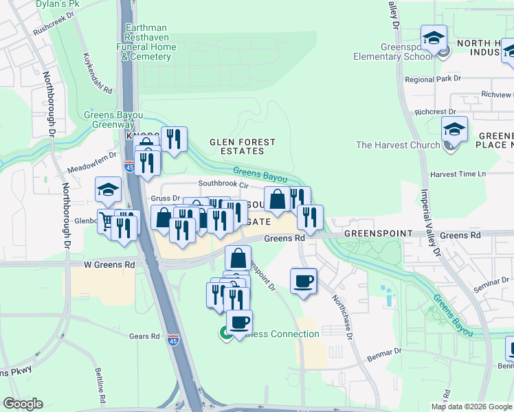 map of restaurants, bars, coffee shops, grocery stores, and more near 315 Abney Drive in Houston