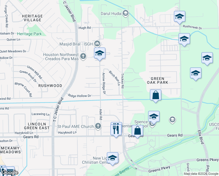 map of restaurants, bars, coffee shops, grocery stores, and more near 1510 Buffalo Run Circle in Houston