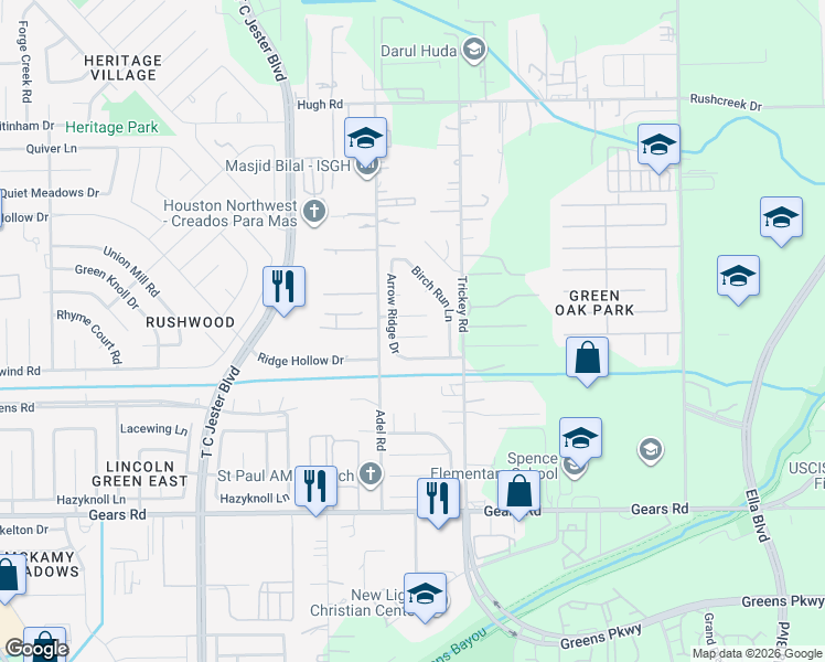 map of restaurants, bars, coffee shops, grocery stores, and more near 1510 Buffalo Run Circle in Houston