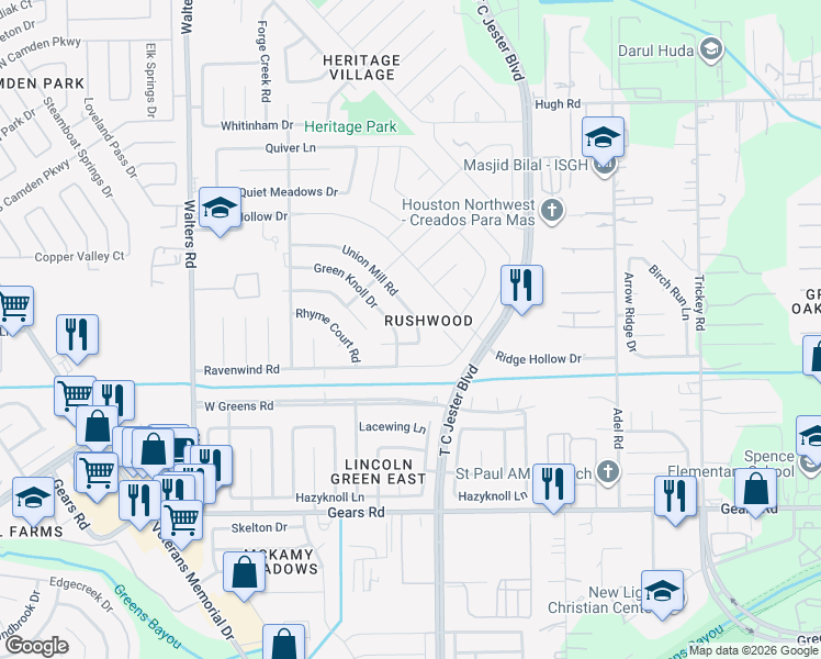 map of restaurants, bars, coffee shops, grocery stores, and more near 2110 Union Mill Road in Houston