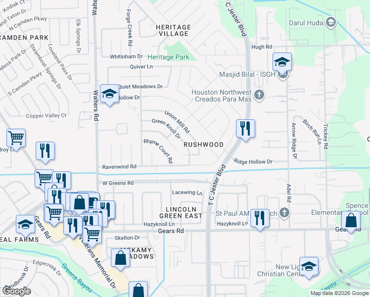 map of restaurants, bars, coffee shops, grocery stores, and more near 2107 Green Knoll Drive in Houston