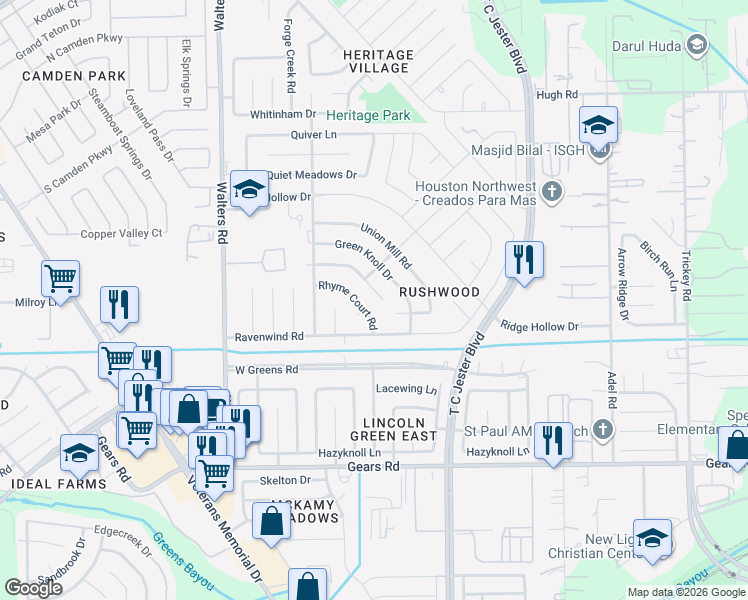 map of restaurants, bars, coffee shops, grocery stores, and more near 2302 Rhyme Court Road in Houston
