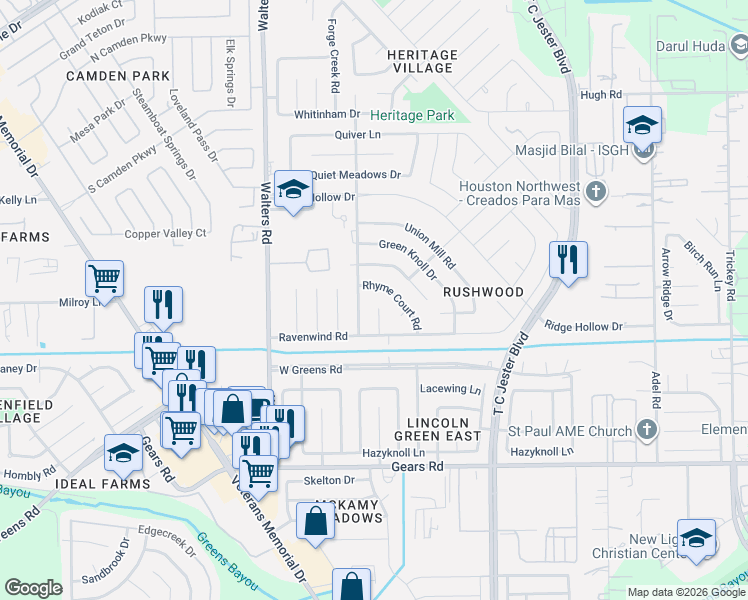 map of restaurants, bars, coffee shops, grocery stores, and more near 11526 Dovedale Court in Houston