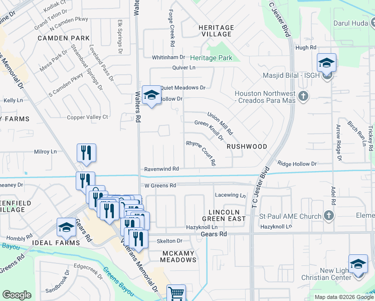 map of restaurants, bars, coffee shops, grocery stores, and more near 11526 Dovedale Court in Houston