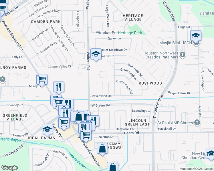 map of restaurants, bars, coffee shops, grocery stores, and more near 11526 New Vista Lane in Houston