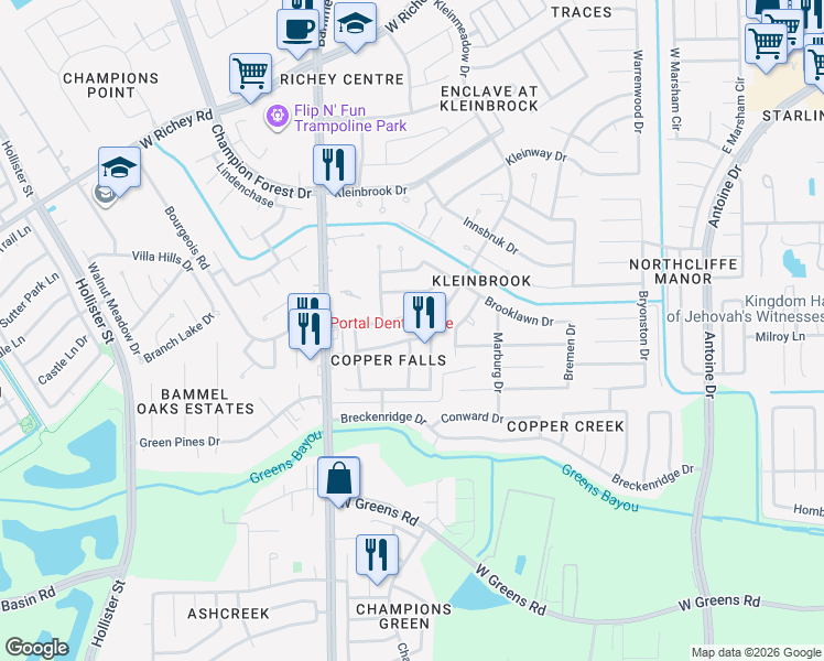 map of restaurants, bars, coffee shops, grocery stores, and more near 5114 Natasha Run Lane in Houston