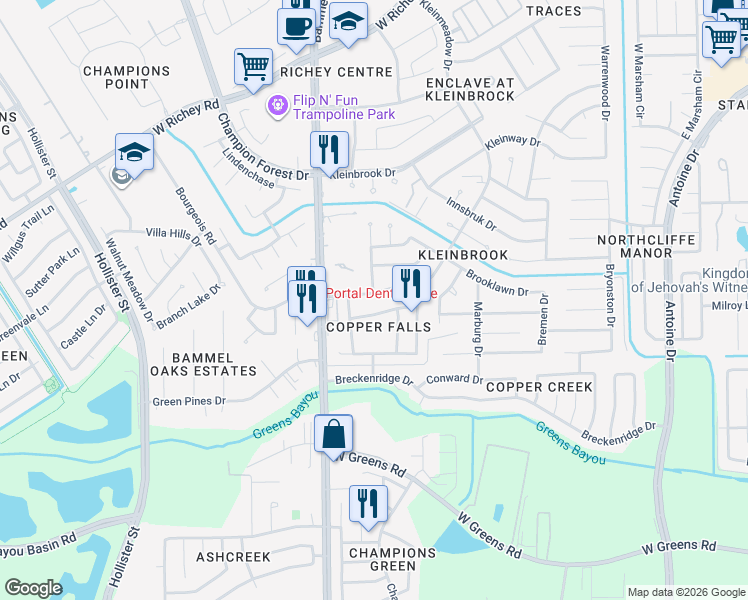 map of restaurants, bars, coffee shops, grocery stores, and more near 11946 Kleinmeadow Drive in Houston