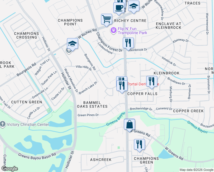 map of restaurants, bars, coffee shops, grocery stores, and more near 5406 Bourgeois Road in Houston