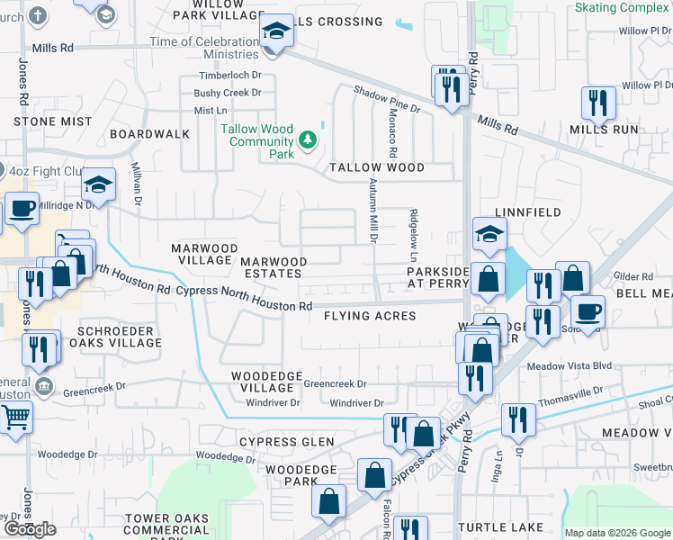 map of restaurants, bars, coffee shops, grocery stores, and more near 10002 Farrell Drive in Houston