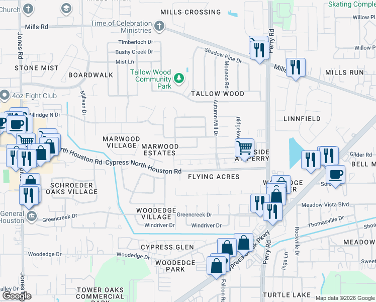 map of restaurants, bars, coffee shops, grocery stores, and more near 10121 Fernstone Lane in Houston