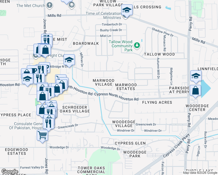 map of restaurants, bars, coffee shops, grocery stores, and more near 10306 Lark Ridge in Houston