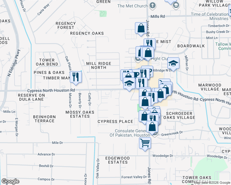 map of restaurants, bars, coffee shops, grocery stores, and more near 12219 Cypress Place Drive in Houston