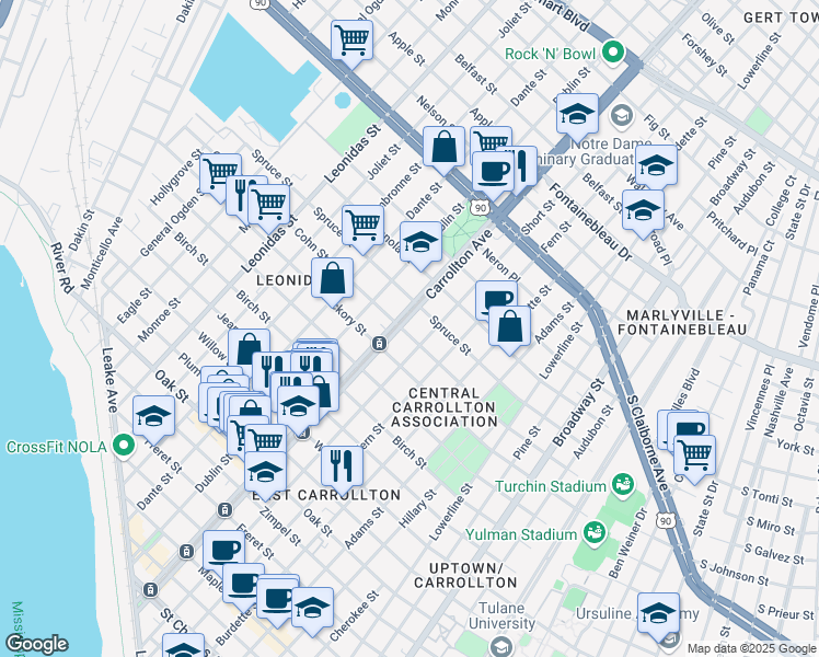 map of restaurants, bars, coffee shops, grocery stores, and more near 1831 South Carrollton Avenue in New Orleans