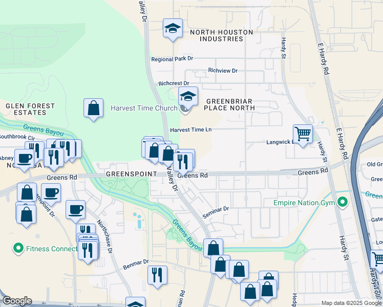 map of restaurants, bars, coffee shops, grocery stores, and more near 17602 Imperial Valley Dr in Houston