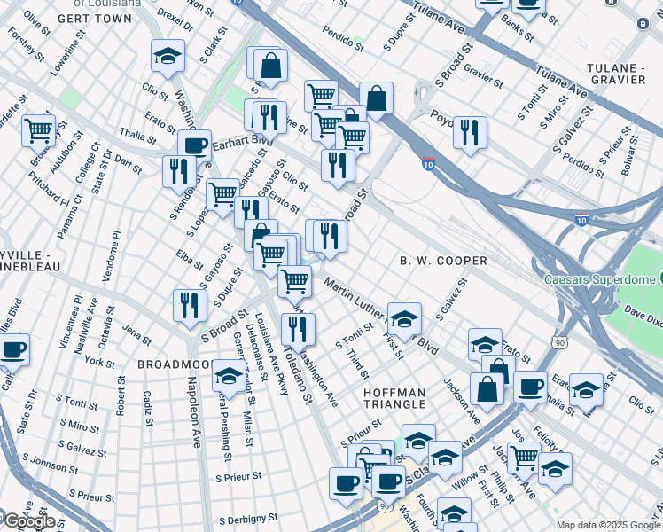 map of restaurants, bars, coffee shops, grocery stores, and more near 3940 Thalia Street in New Orleans