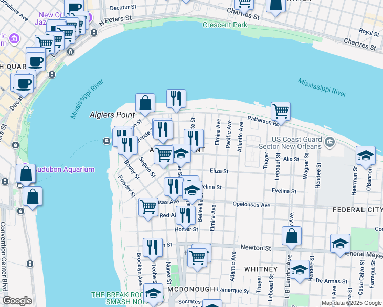 map of restaurants, bars, coffee shops, grocery stores, and more near Vallette St & Alix St in New Orleans