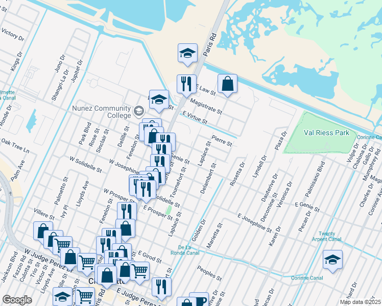 map of restaurants, bars, coffee shops, grocery stores, and more near 3617 Tournefort Street in Chalmette