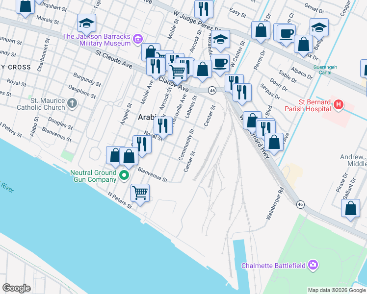 map of restaurants, bars, coffee shops, grocery stores, and more near 518 Center Street in Arabi