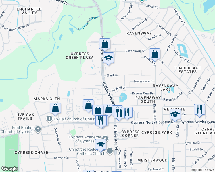 map of restaurants, bars, coffee shops, grocery stores, and more near Birdcall Lane in Cypress