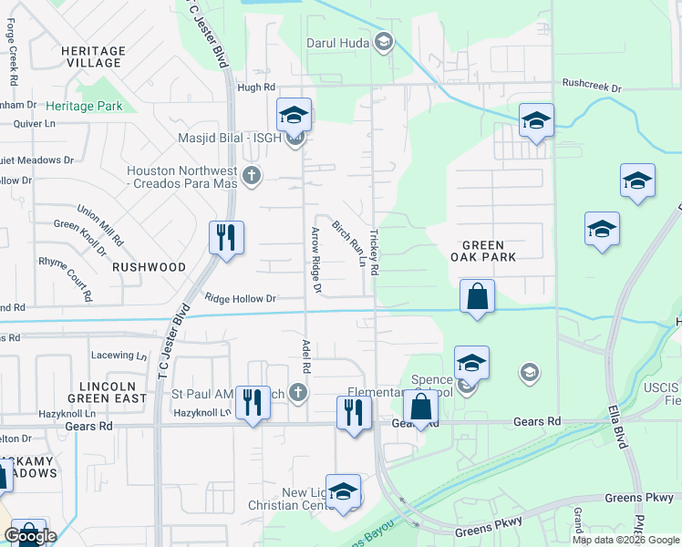 map of restaurants, bars, coffee shops, grocery stores, and more near 1510 Buffalo Run Circle in Houston