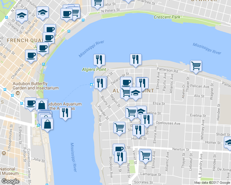 map of restaurants, bars, coffee shops, grocery stores, and more near 327 Pelican Avenue in New Orleans