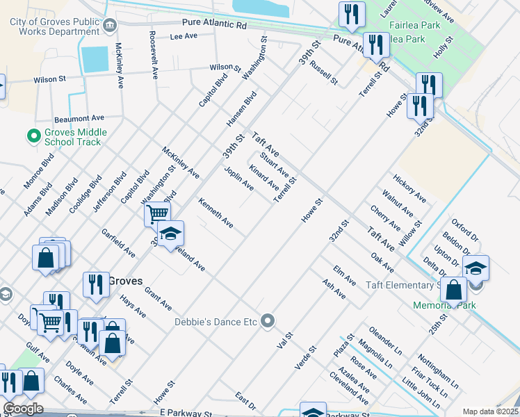 map of restaurants, bars, coffee shops, grocery stores, and more near 6721 Terrell Street in Groves