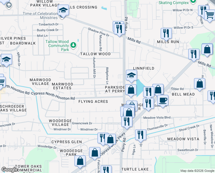 map of restaurants, bars, coffee shops, grocery stores, and more near 9815 Fernstone Lane in Houston