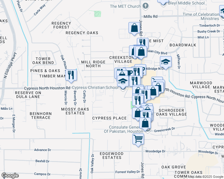 map of restaurants, bars, coffee shops, grocery stores, and more near 12219 Cypress Place Drive in Houston