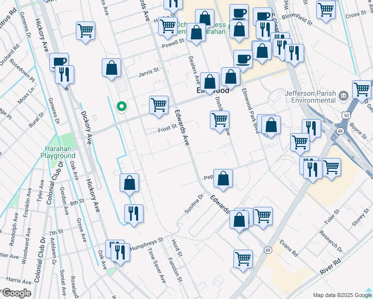 map of restaurants, bars, coffee shops, grocery stores, and more near 700 Edwards Avenue in Elmwood