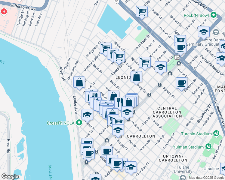 map of restaurants, bars, coffee shops, grocery stores, and more near 8425 Jeannette Street in New Orleans