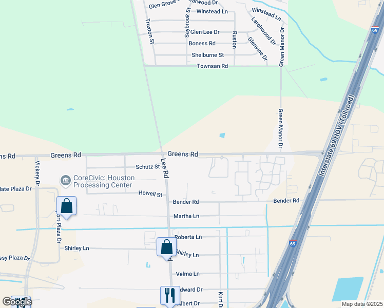 map of restaurants, bars, coffee shops, grocery stores, and more near 5905 Greens Road in Humble