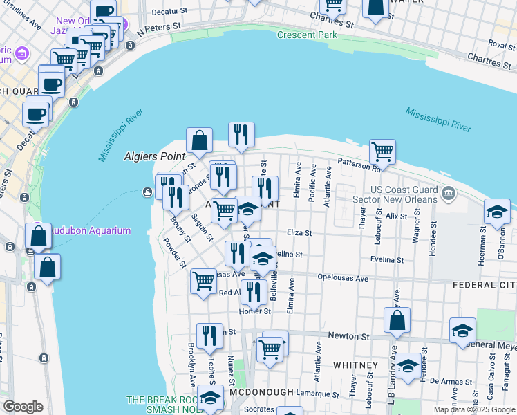 map of restaurants, bars, coffee shops, grocery stores, and more near 349 Vallette Street in New Orleans