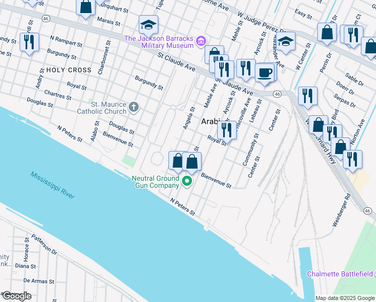 map of restaurants, bars, coffee shops, grocery stores, and more near 518 Mehle Street in Arabi