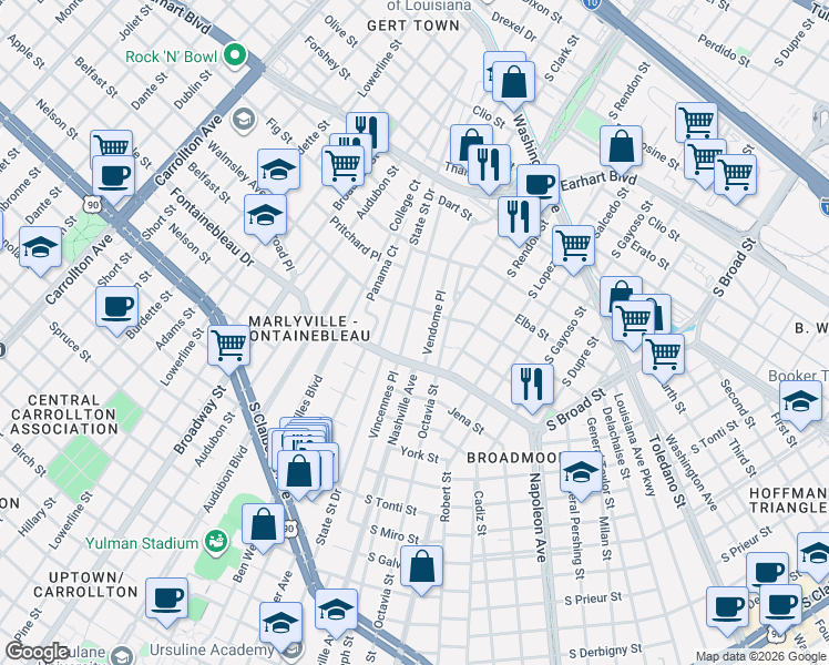 map of restaurants, bars, coffee shops, grocery stores, and more near 4018 Vincennes Place in New Orleans