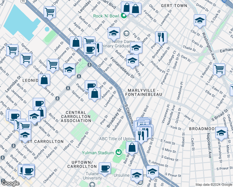 map of restaurants, bars, coffee shops, grocery stores, and more near 75 Neron Place in New Orleans