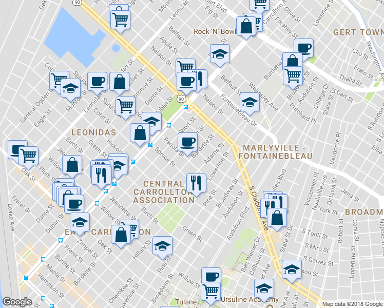 map of restaurants, bars, coffee shops, grocery stores, and more near 2121 Burdette Street in New Orleans