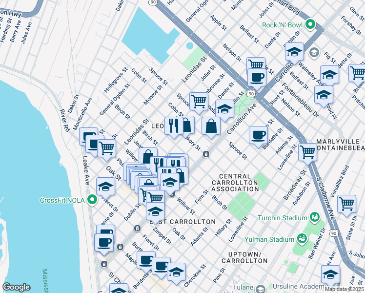 map of restaurants, bars, coffee shops, grocery stores, and more near 8230 Green Street in New Orleans