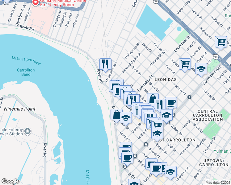 map of restaurants, bars, coffee shops, grocery stores, and more near 8721 Oak Street in New Orleans