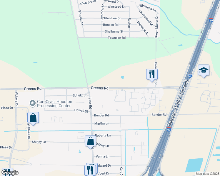 map of restaurants, bars, coffee shops, grocery stores, and more near 5900 Greens Road in Humble