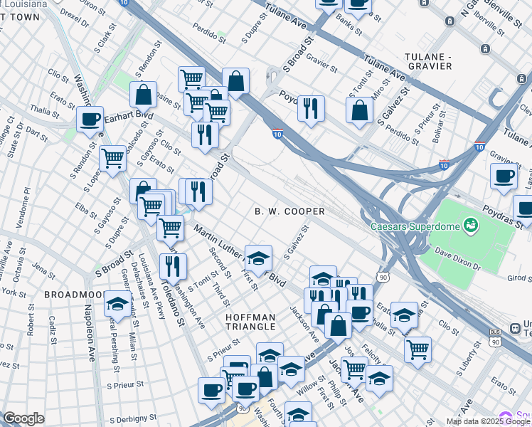 map of restaurants, bars, coffee shops, grocery stores, and more near 1203 South Tonti Street in New Orleans